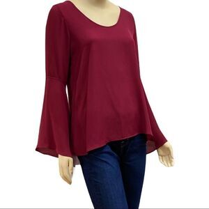 Elegant Rich Red Round Neck Long Bell Sleeve Blouse Top NEW